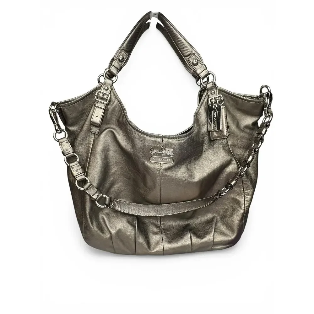 COACH Madison Metallic Pewter Leather 15958 Bag & Matching Wallet Set
